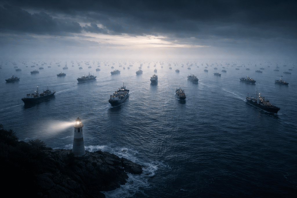 A vast ocean at dawn filled with thousands of ships sailing toward the horizon, dense fog ahead, dark water beneath, one lighthouse scanning from shore.